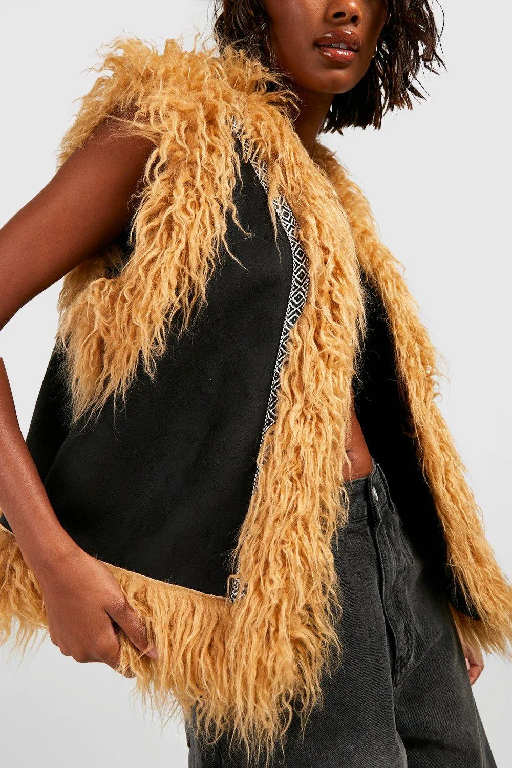 Boohoo Faux Fur Trim Vest, Black
