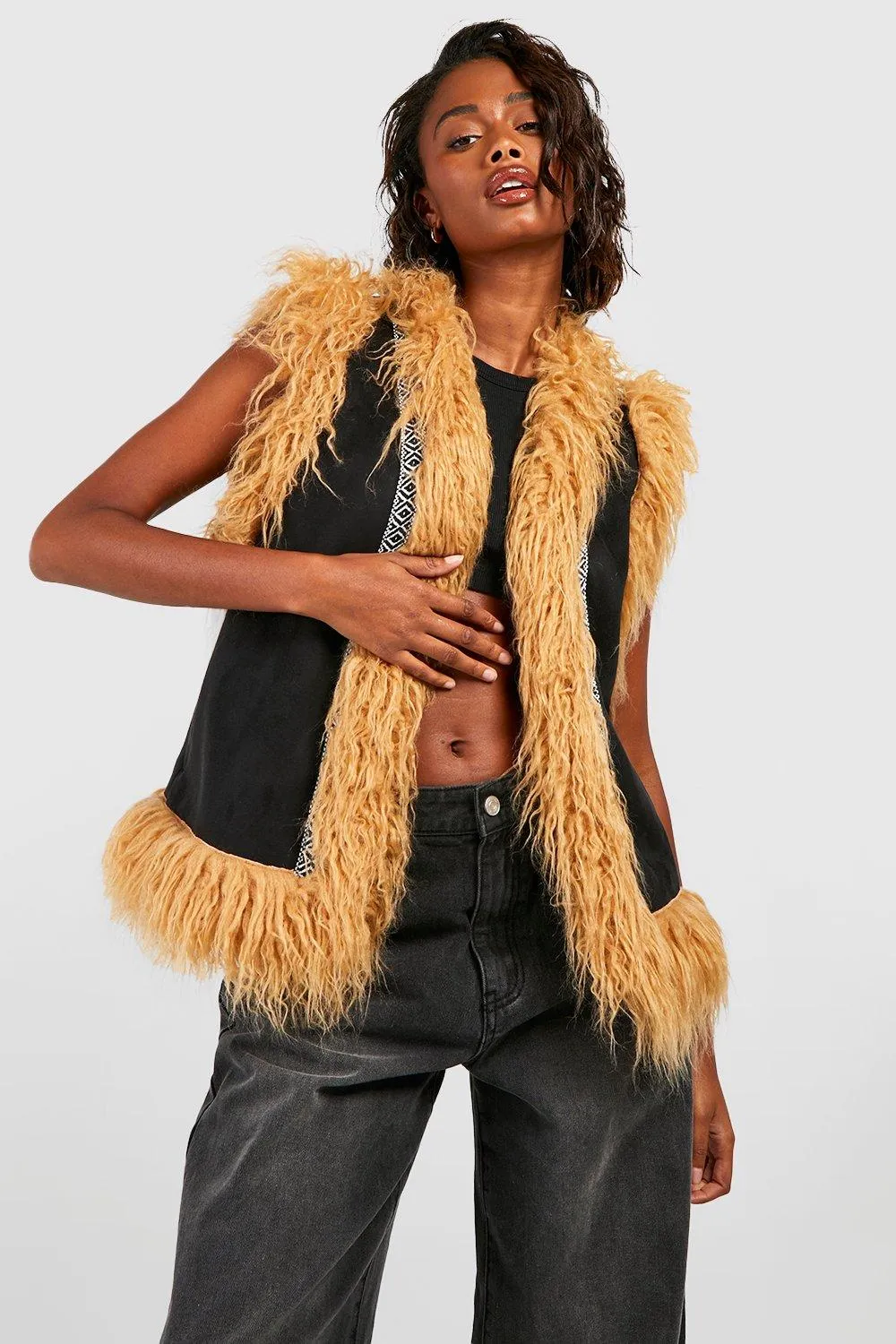 Boohoo Faux Fur Trim Vest, Black